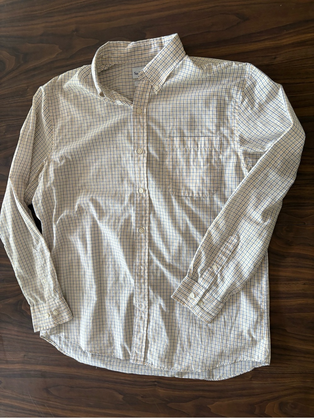 Classic Men's Button-Down Long Sleeve L Shirt in White Blue Check Saddlebred